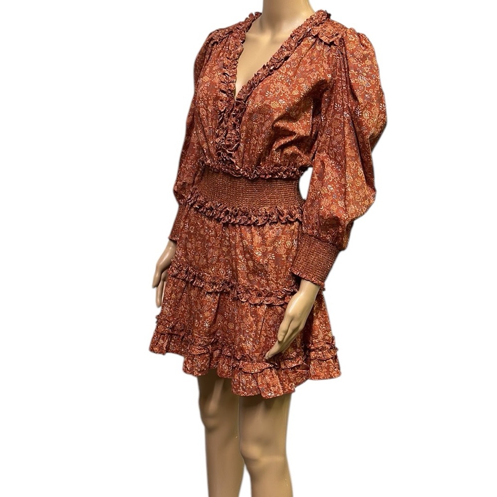 House of Harlow 1960 Wallis Rust Floral Ruffle Smocked Long Puff Sleeve Dress S